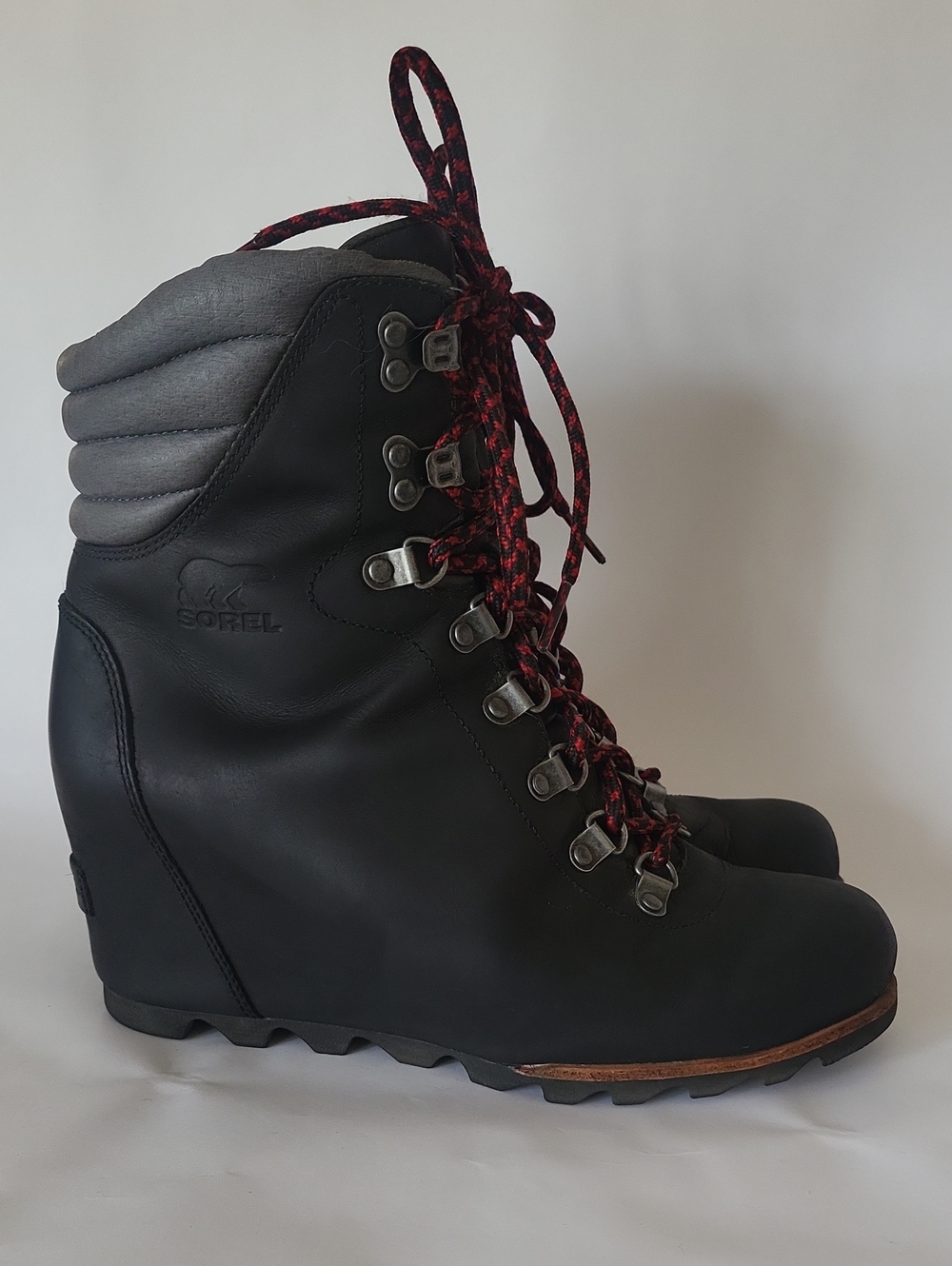 Sorel Conquest Leather Waterproof Hidden Wedge Boots Black Grey Size 9
